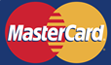 Mastercard logo with red and orange overlapping circles on blue background.